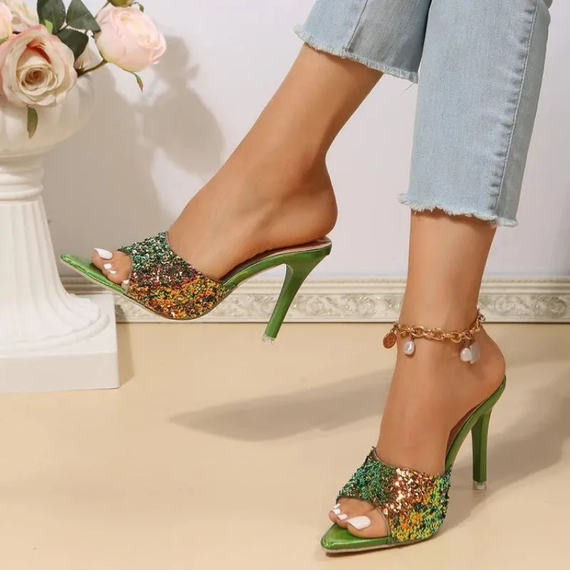 Sequin Slip-On Slim Mid High Heels - European-Inspired Glam Sandals with Glitzy Shine and Summer Elegance