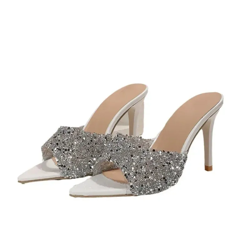Sequin Slip-On Slim Mid High Heels - European-Inspired Glam Sandals with Glitzy Shine and Summer Elegance