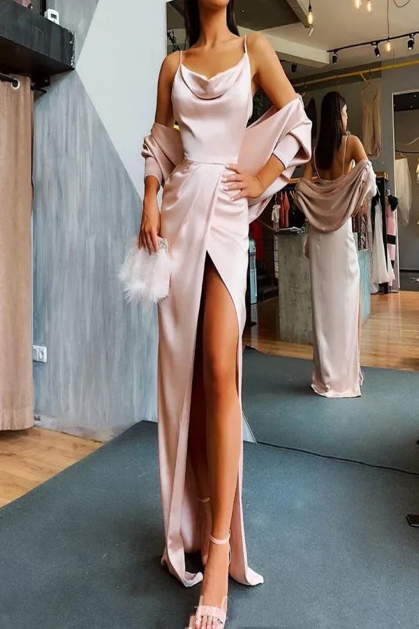 Sexy Mermaid Spaghetti Straps Floor Length Backless Slit Long Satin Prom Dress OHC533