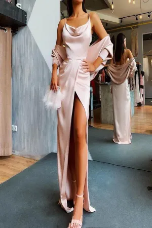 Sexy Mermaid Spaghetti Straps Floor Length Backless Slit Long Satin Prom Dress OHC533