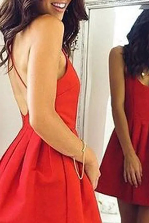 Sexy Spaghetti Straps Backless Short Red Pleated Homecoming Dress OHM070