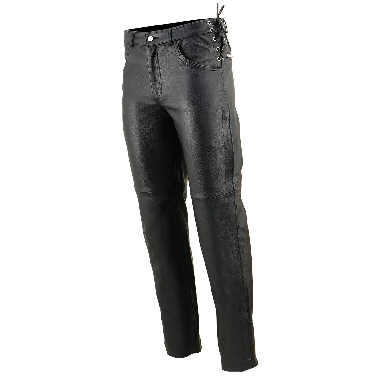 SH1987 Men's Black Leather Deep Pocket Motorcycle Over Pants with Side Laces