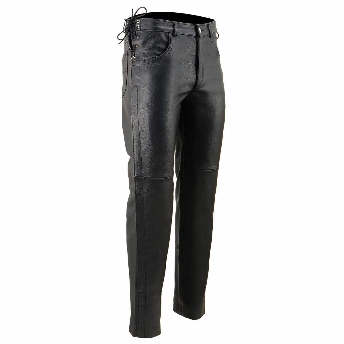 SH1987 Men's Black Leather Deep Pocket Motorcycle Over Pants with Side Laces