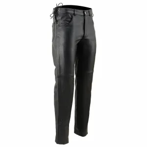 SH1987 Men's Black Leather Deep Pocket Motorcycle Over Pants with Side Laces