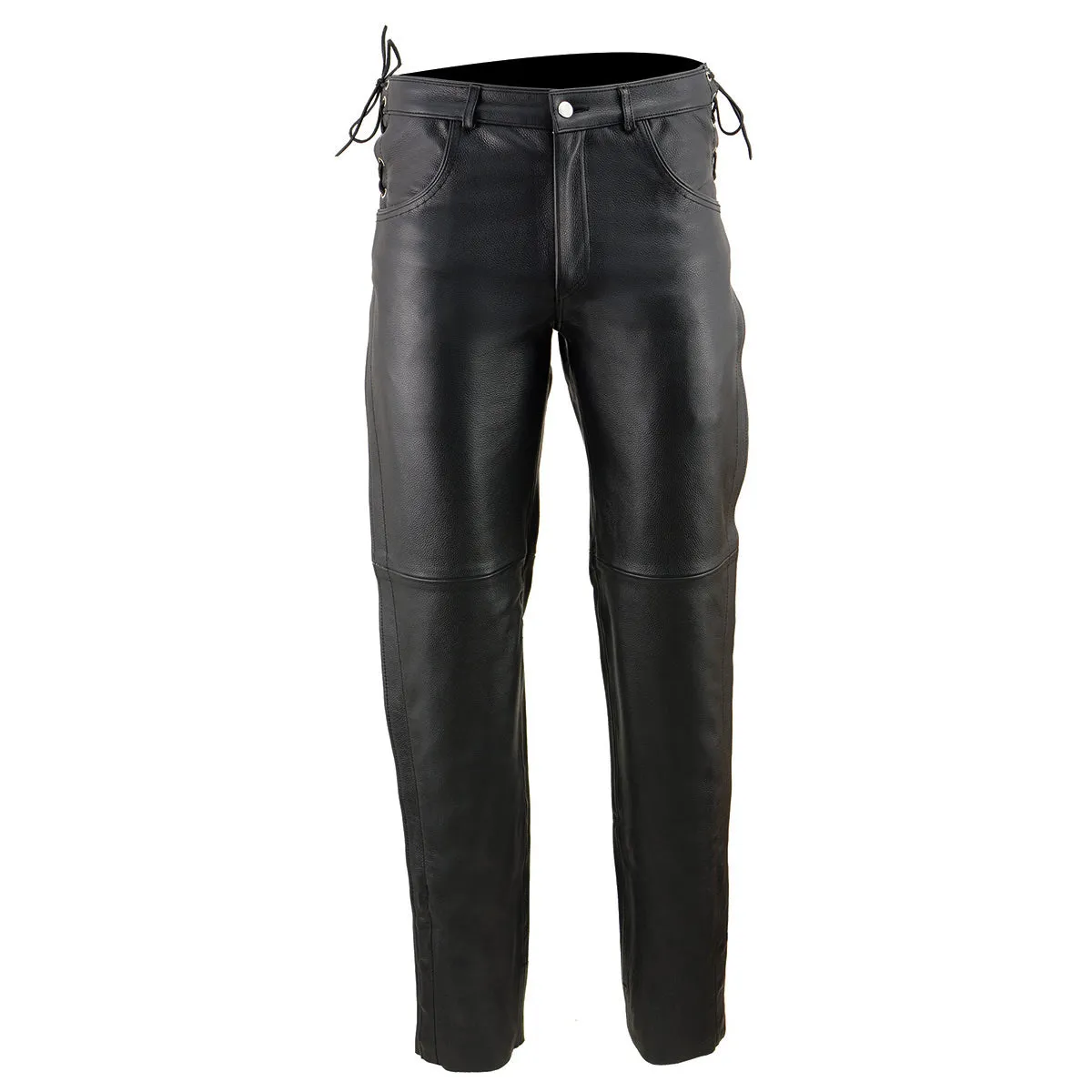 SH1987 Men's Black Leather Deep Pocket Motorcycle Over Pants with Side Laces