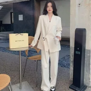 Side Tie Casual Suit Set with Wide Leg Pants For Women