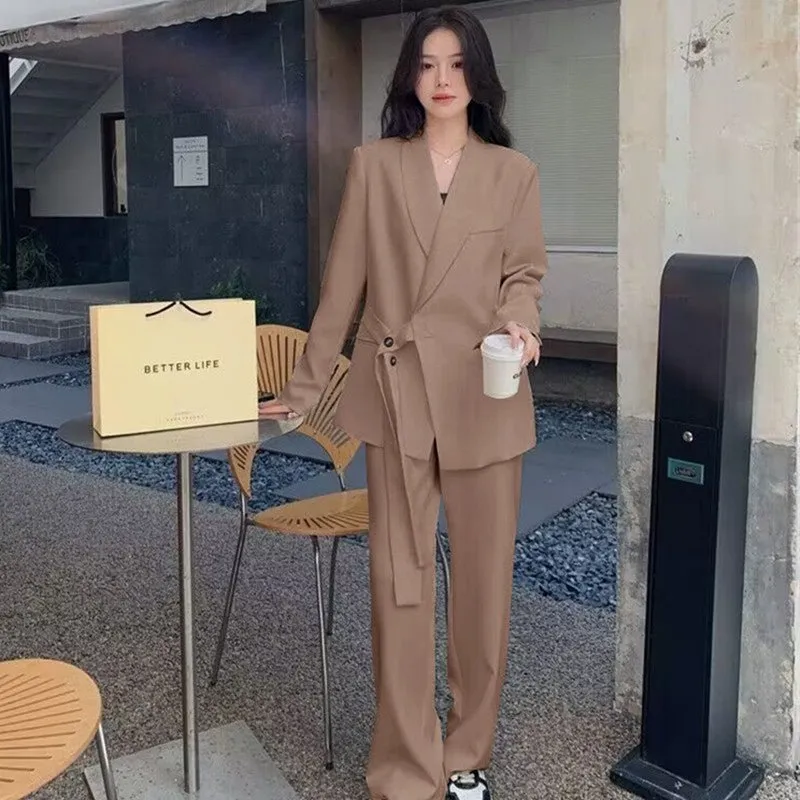 Side Tie Casual Suit Set with Wide Leg Pants For Women