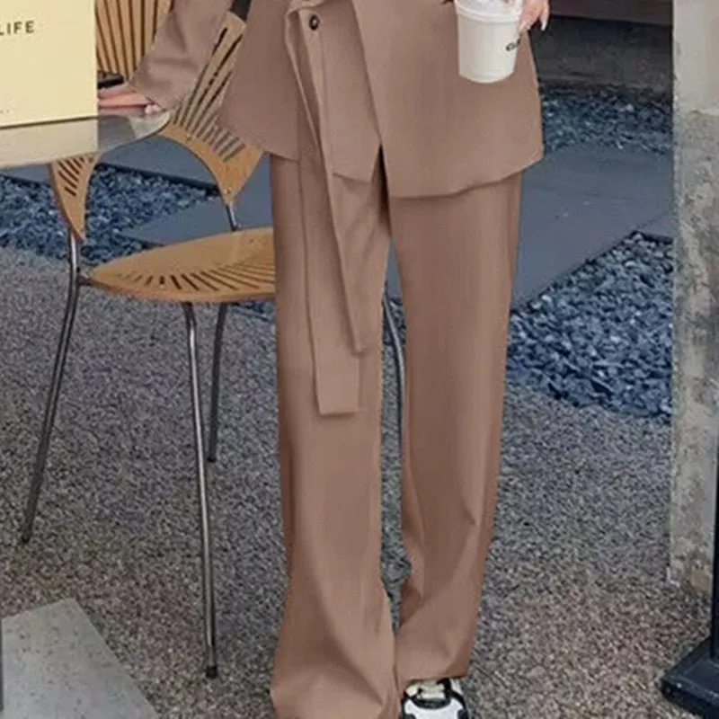 Side Tie Casual Suit Set with Wide Leg Pants For Women