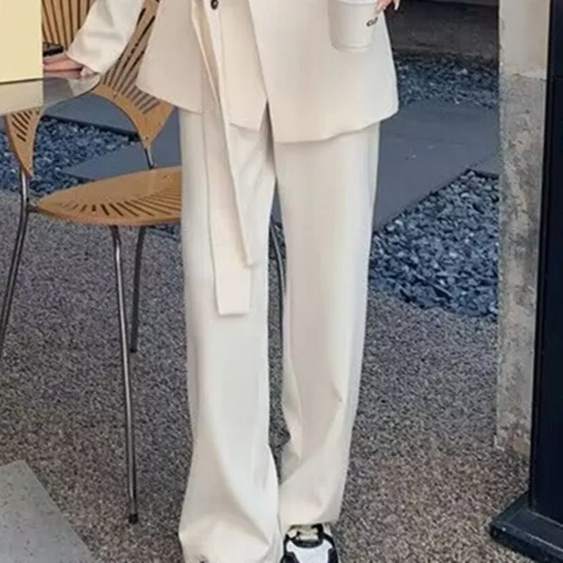 Side Tie Casual Suit Set with Wide Leg Pants For Women