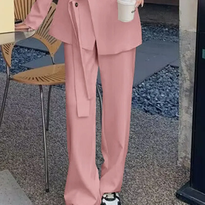 Side Tie Casual Suit Set with Wide Leg Pants For Women