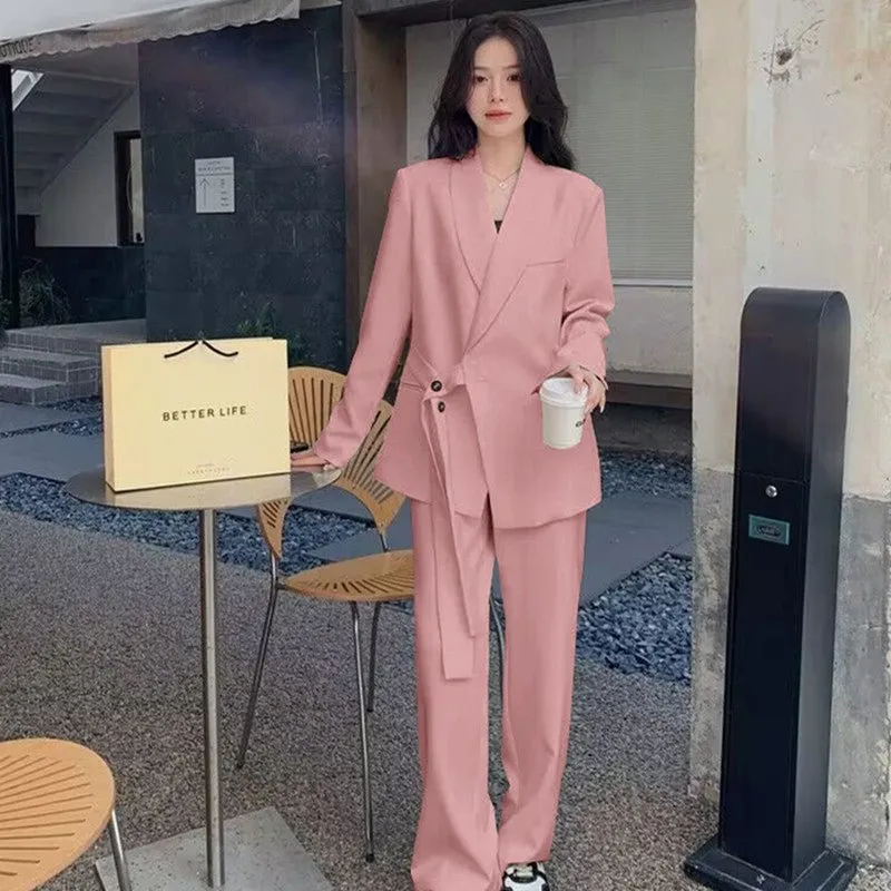 Side Tie Casual Suit Set with Wide Leg Pants For Women