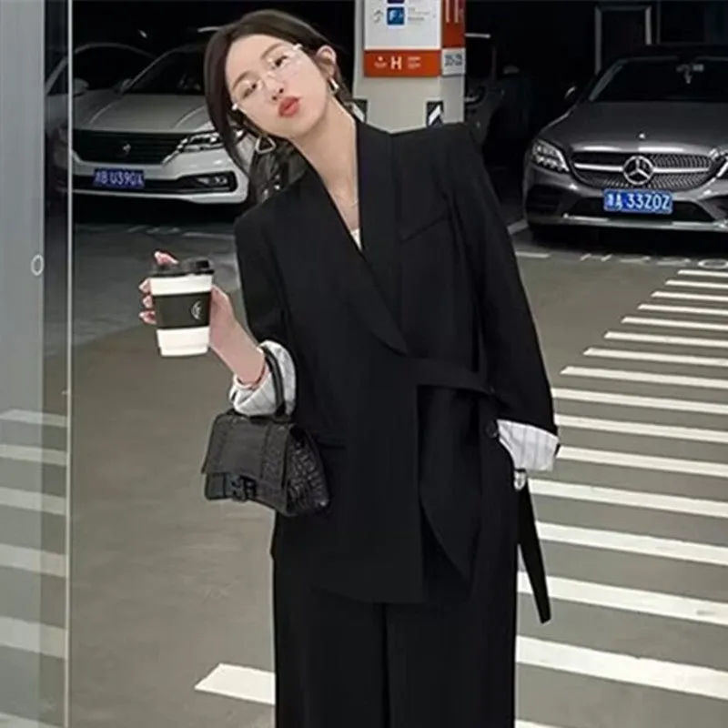 Side Tie Casual Suit Set with Wide Leg Pants For Women