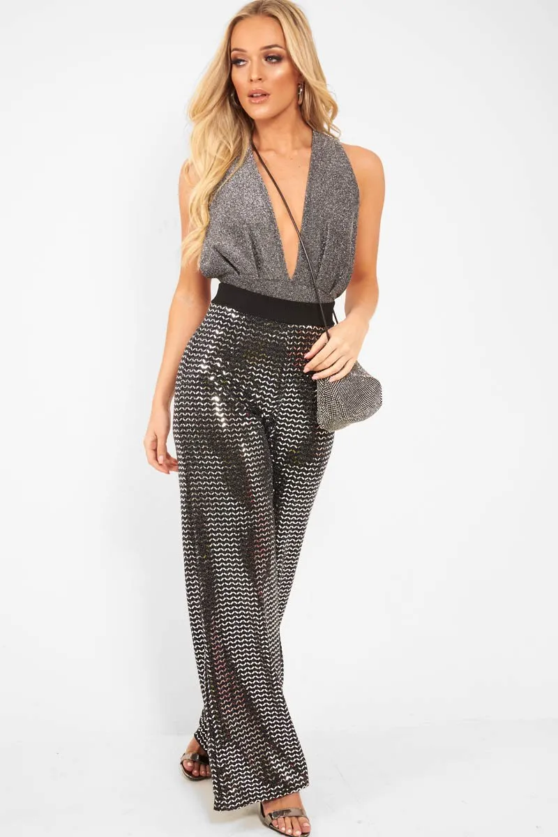 Silver Black Plunge Cross Back Bodysuit - Jolina