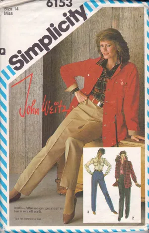 Simplicity 6153 Womens JOHN WEITZ Tapered Pants Shirt & Unlined Jacket 1980s Vintage Sewing Pattern Size 14 UNCUT Factory Folded