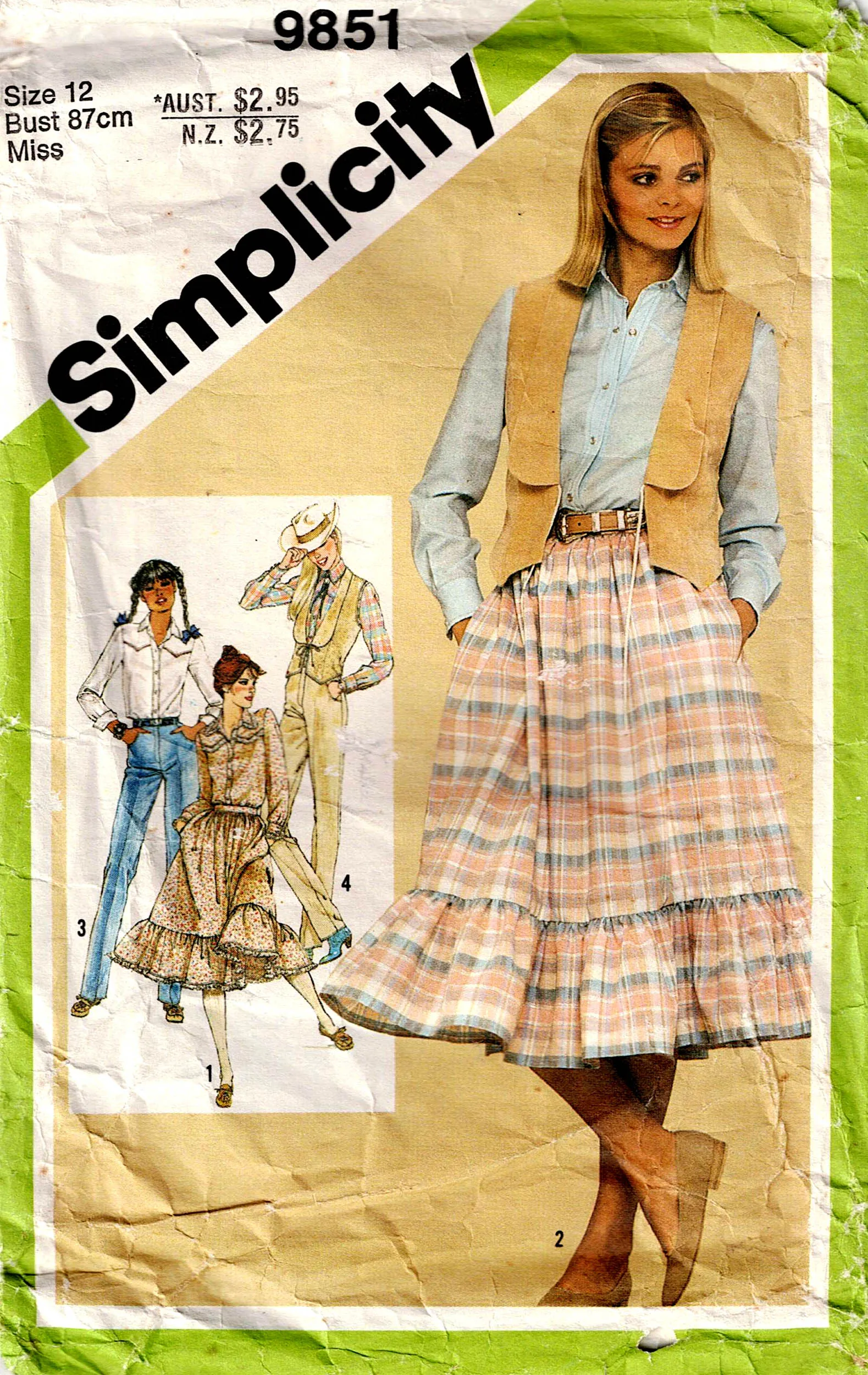 Simplicity 9851 Womens Western Style Ruffled Skirt Jeans Shirt & Vest 1980s Vintage Sewing Pattern Size 12 Bust 34 inches