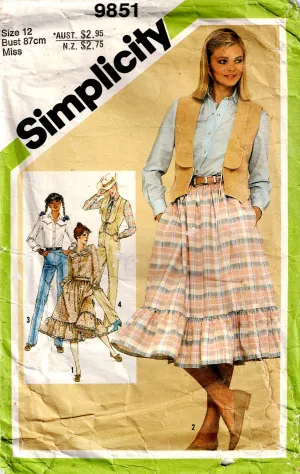 Simplicity 9851 Womens Western Style Ruffled Skirt Jeans Shirt & Vest 1980s Vintage Sewing Pattern Size 12 Bust 34 inches