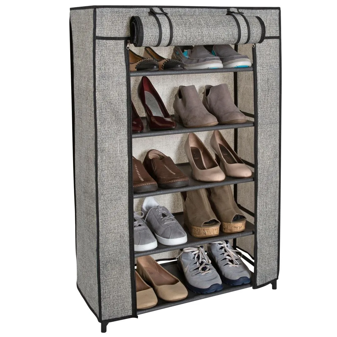 Simplify 5 Tier Shoe Storage Closet Organizer Rack with Cover, Holds 15 Pairs