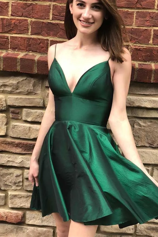 Sleeveless V Neck Satin Straps Homecoming Dresses Short Prom Dress OHM001