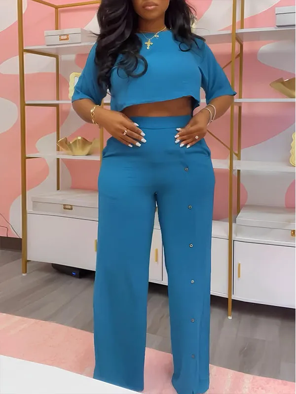 Solid Top & Button Pants Set