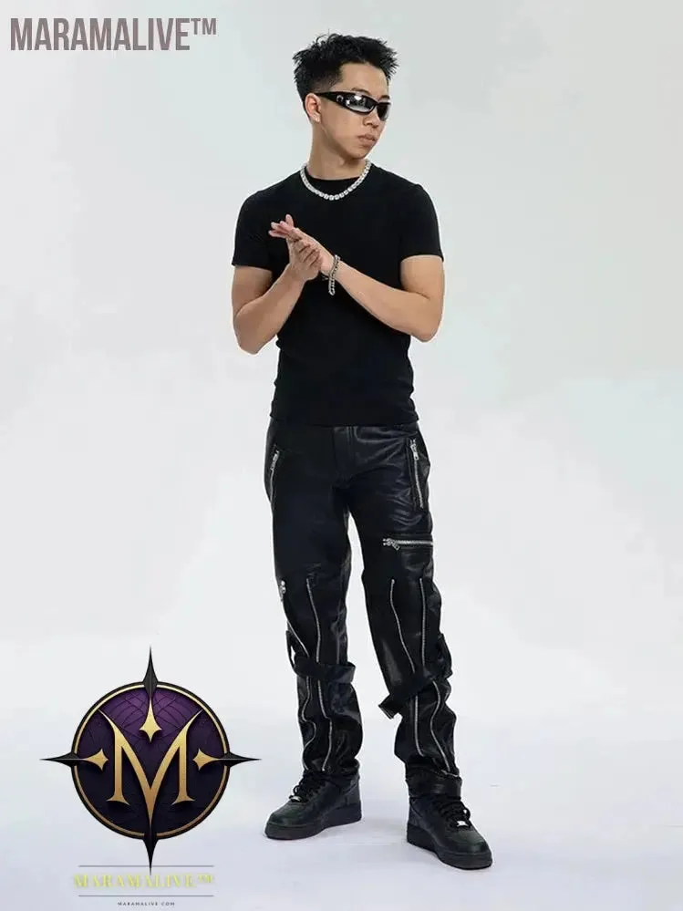 Spring Autumn Cool Black Pu Leather Pants Men with Many Zippers Belt Luxury Designer Clothing Trousers Fashions