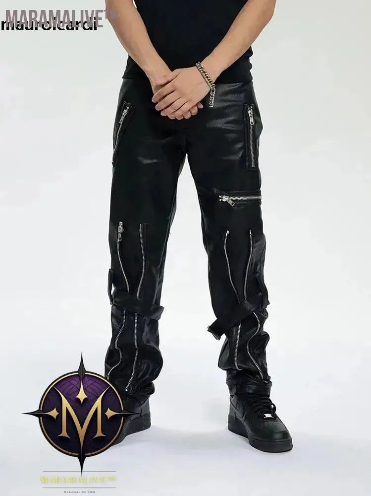 Spring Autumn Cool Black Pu Leather Pants Men with Many Zippers Belt Luxury Designer Clothing Trousers Fashions