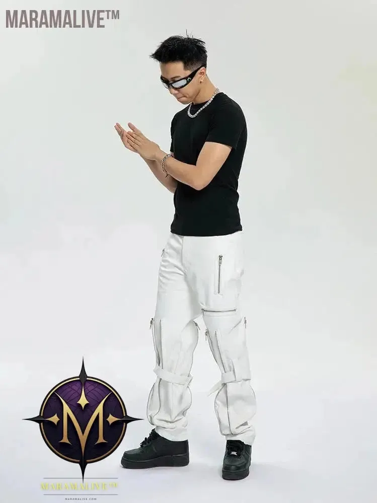 Spring Autumn Cool Black Pu Leather Pants Men with Many Zippers Belt Luxury Designer Clothing Trousers Fashions