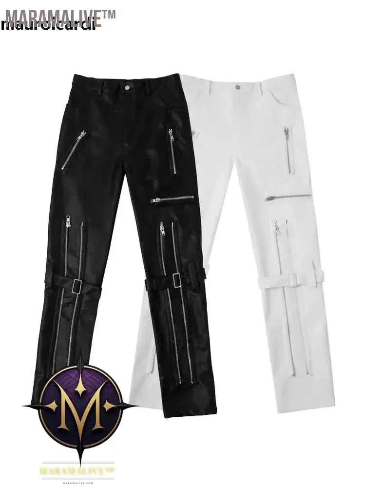 Spring Autumn Cool Black Pu Leather Pants Men with Many Zippers Belt Luxury Designer Clothing Trousers Fashions