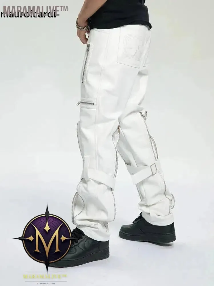 Spring Autumn Cool Black Pu Leather Pants Men with Many Zippers Belt Luxury Designer Clothing Trousers Fashions