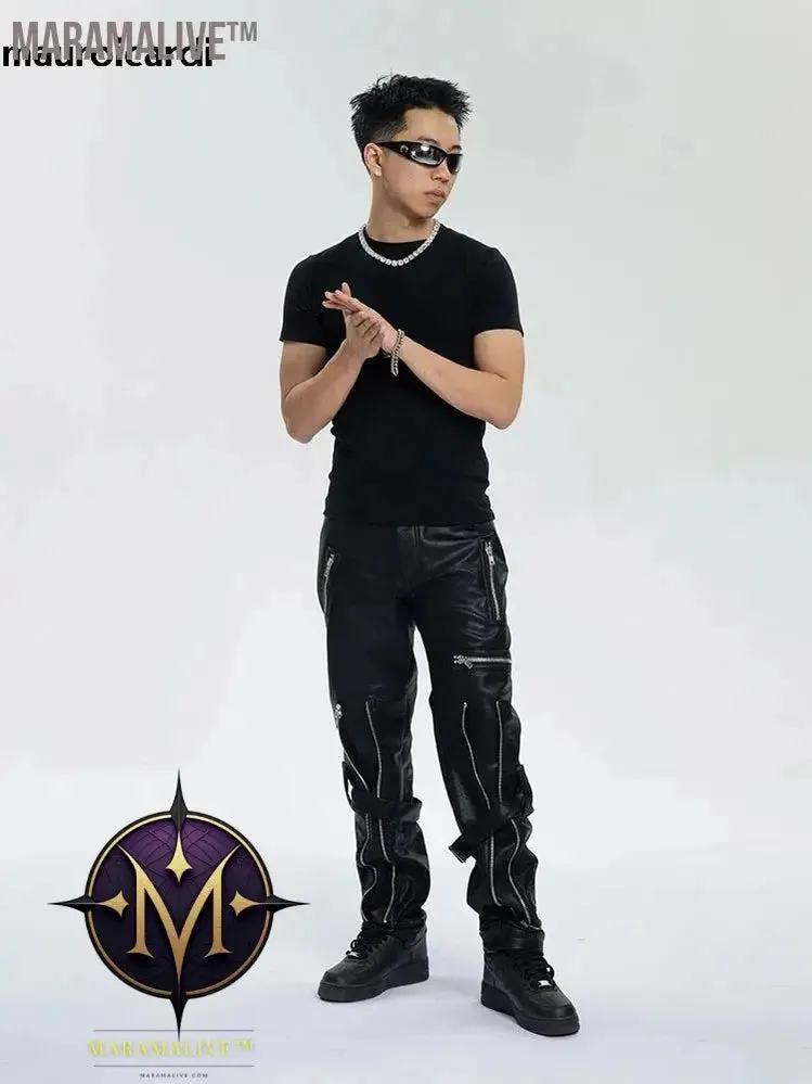 Spring Autumn Cool Black Pu Leather Pants Men with Many Zippers Belt Luxury Designer Clothing Trousers Fashions