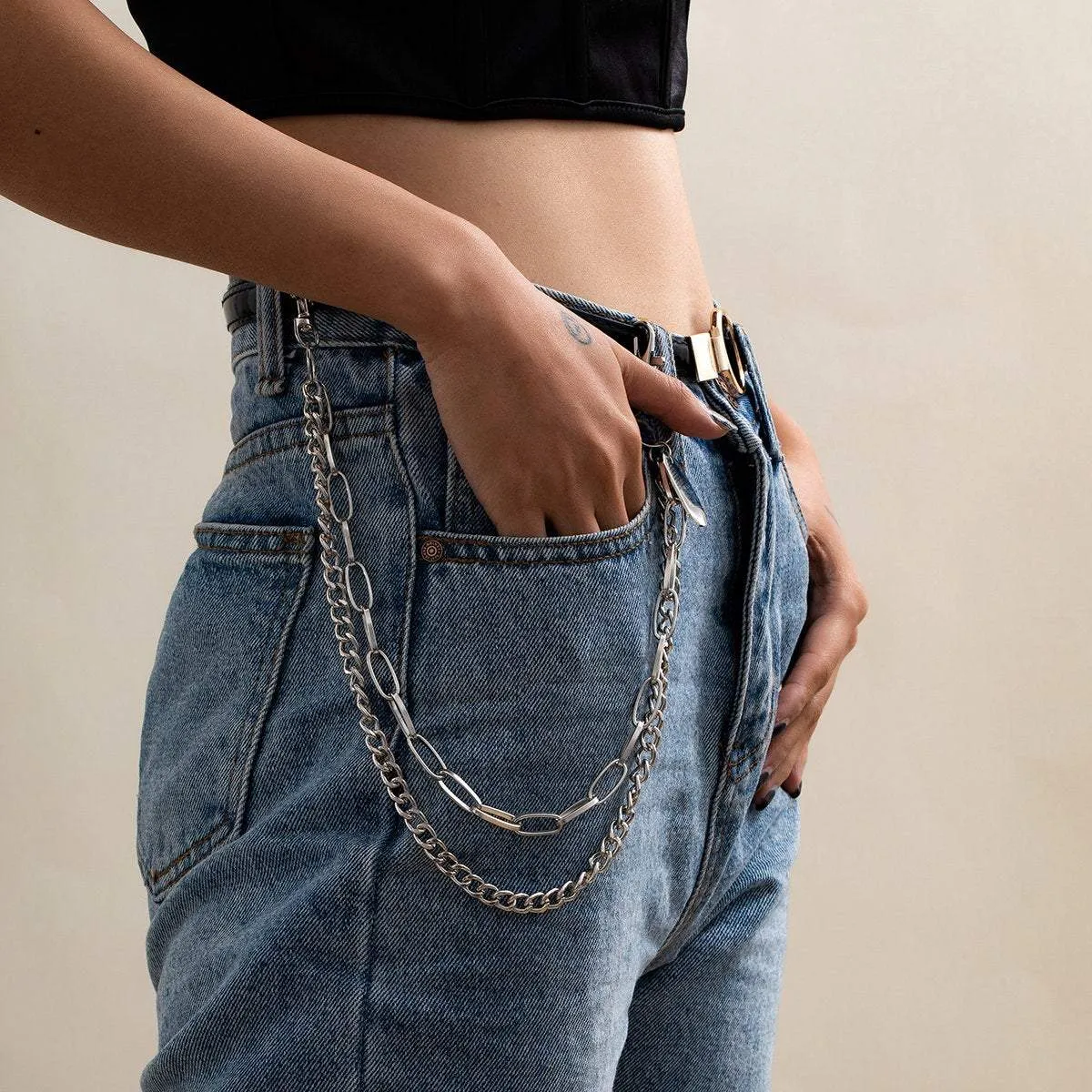 Stainless Steel Multi-layer Silver Tone Dog Tag Lobster Keyring Trouser Chain