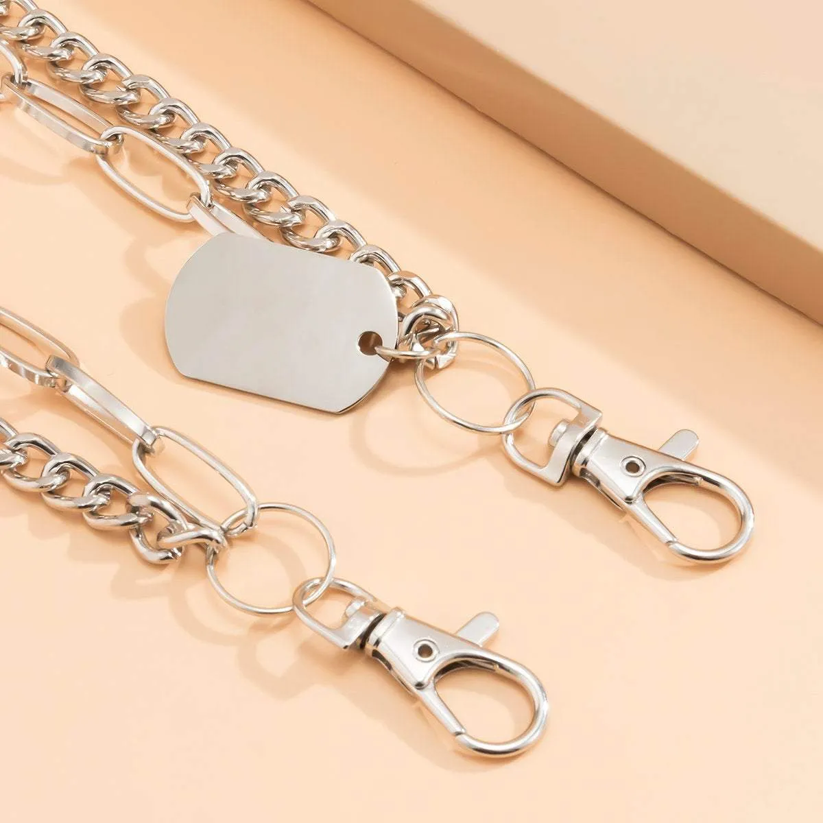 Stainless Steel Multi-layer Silver Tone Dog Tag Lobster Keyring Trouser Chain