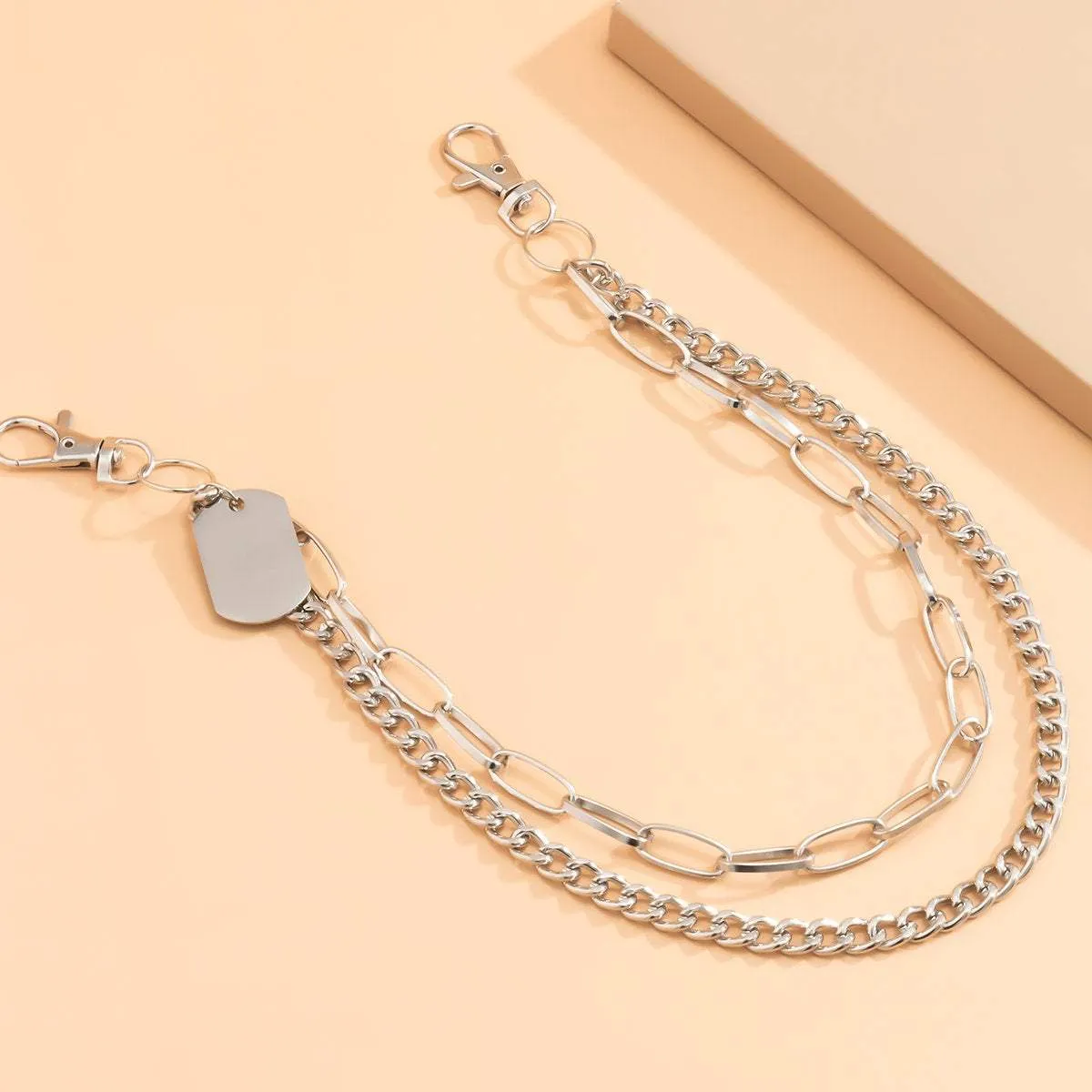 Stainless Steel Multi-layer Silver Tone Dog Tag Lobster Keyring Trouser Chain