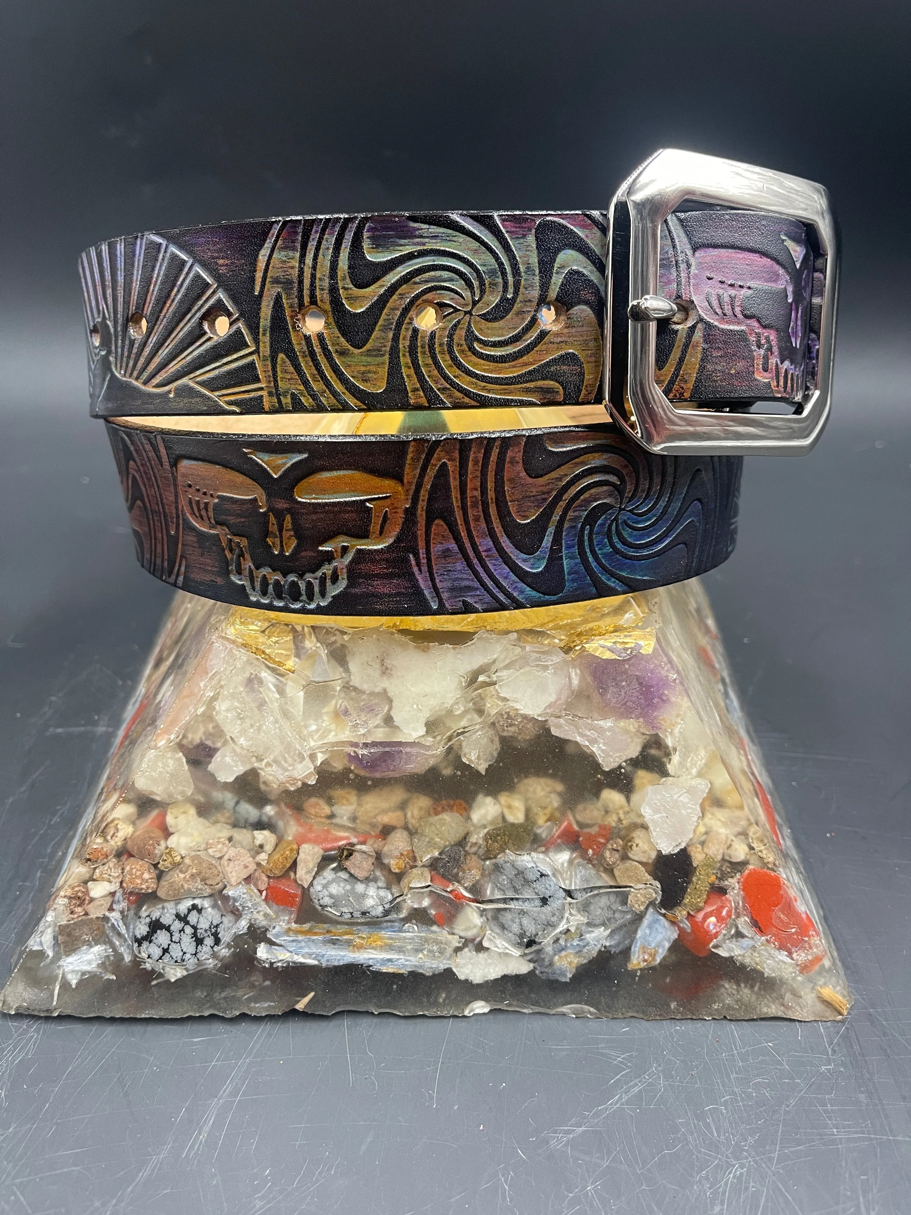Stamped Leather Belt - Grateful Cats Under the Stars