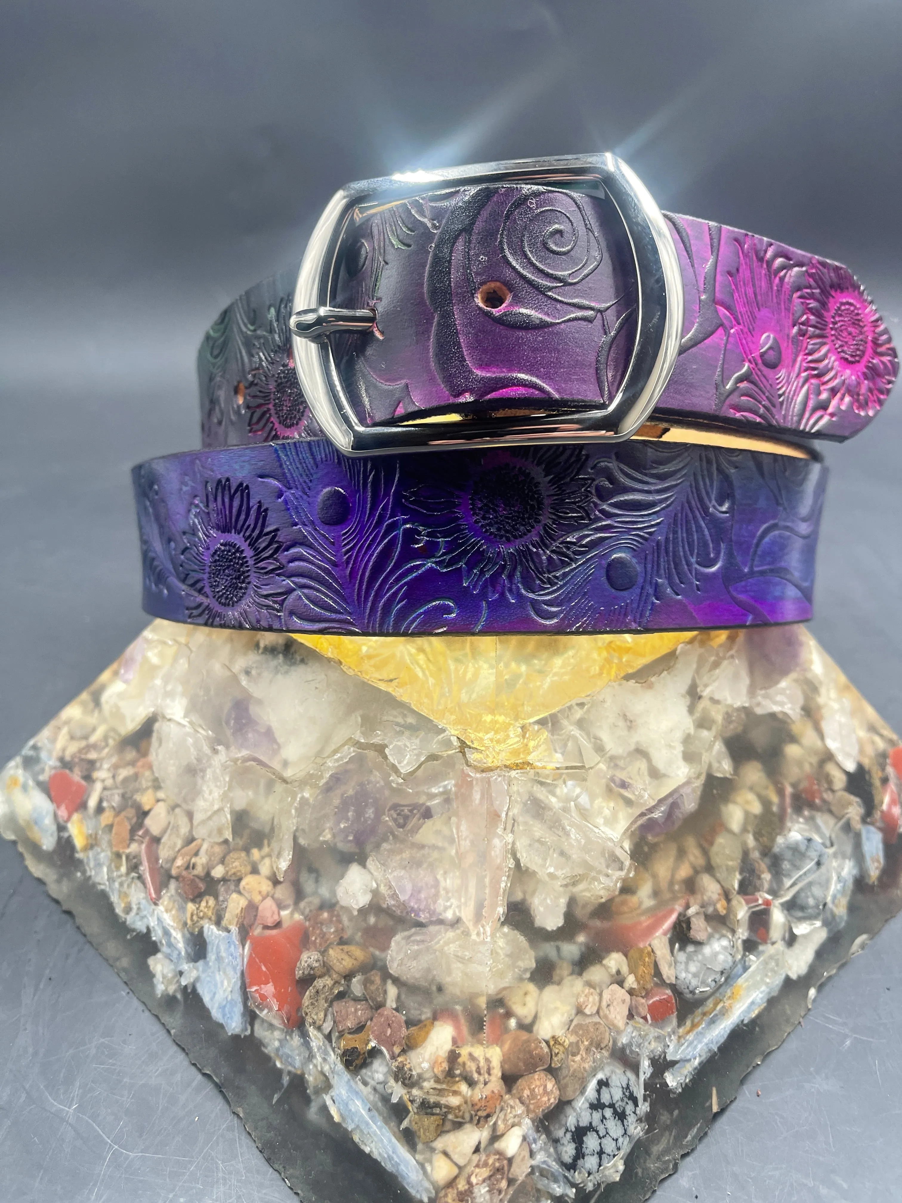 Stamped Leather Belt - Peacock Feathers