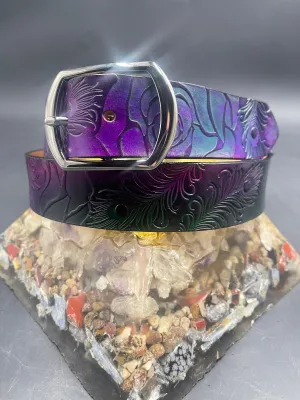 Stamped Leather Belt - Peacock Feathers
