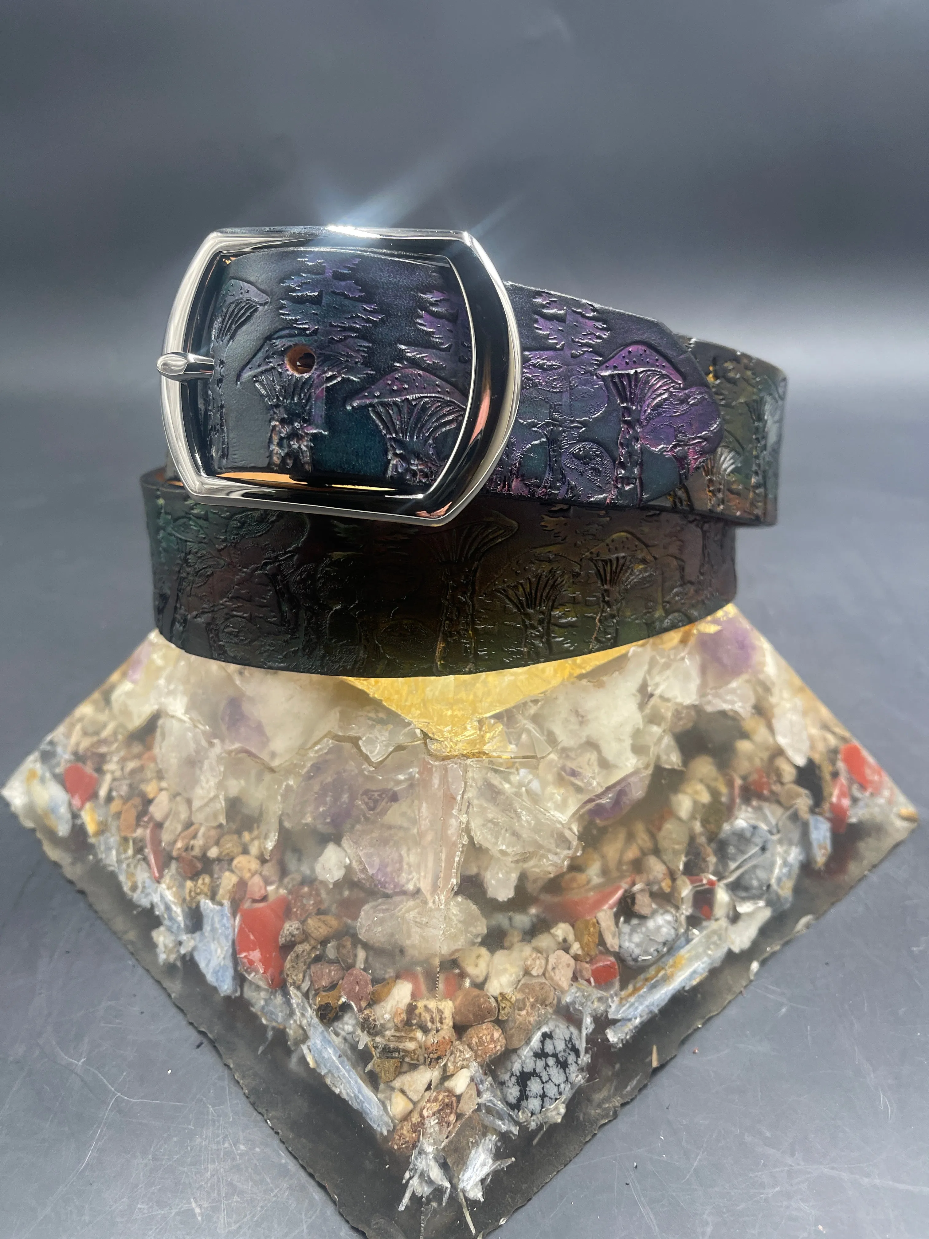 Stamped Leather Belt - Peacock Feathers