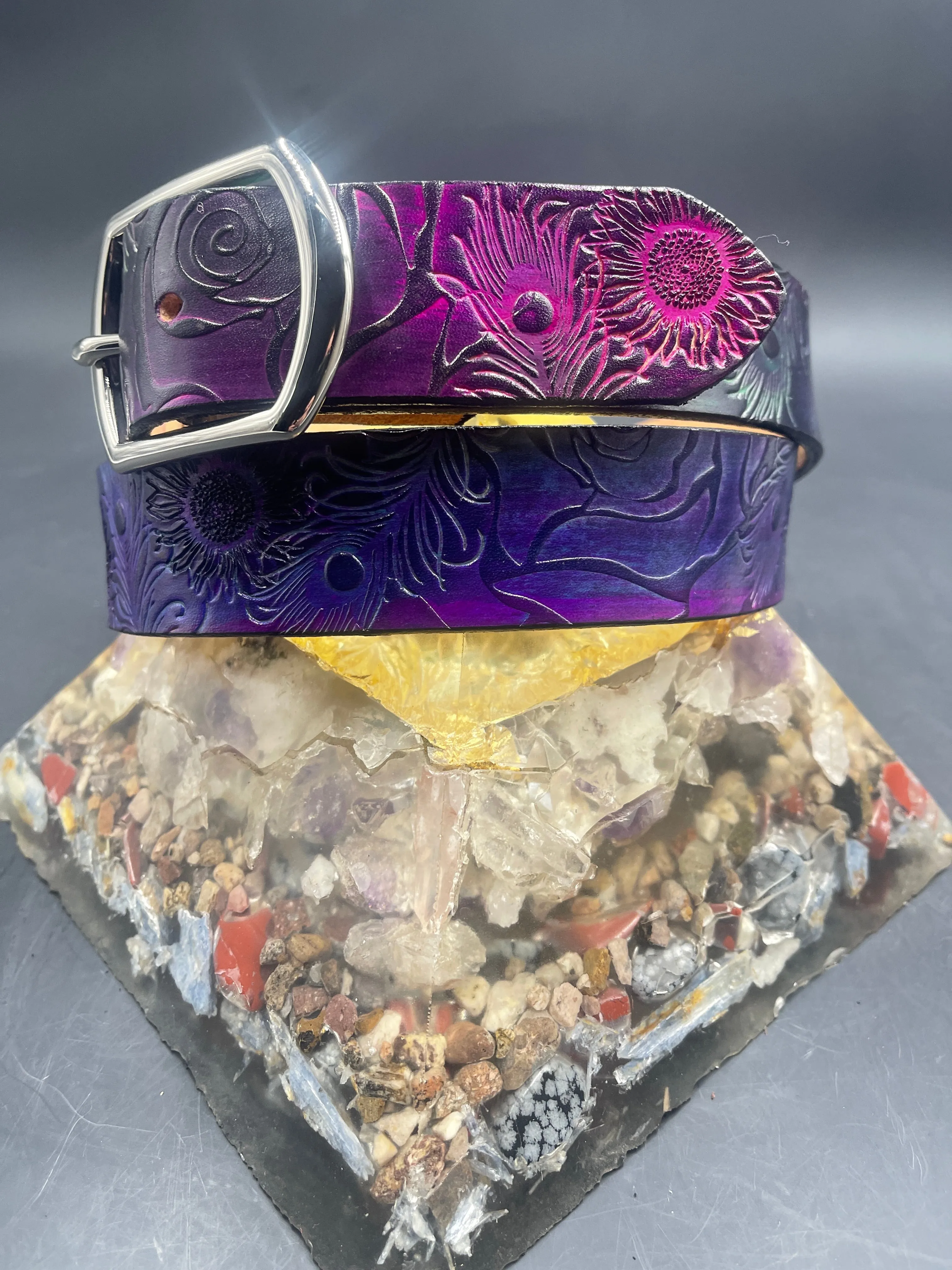 Stamped Leather Belt - Peacock Feathers