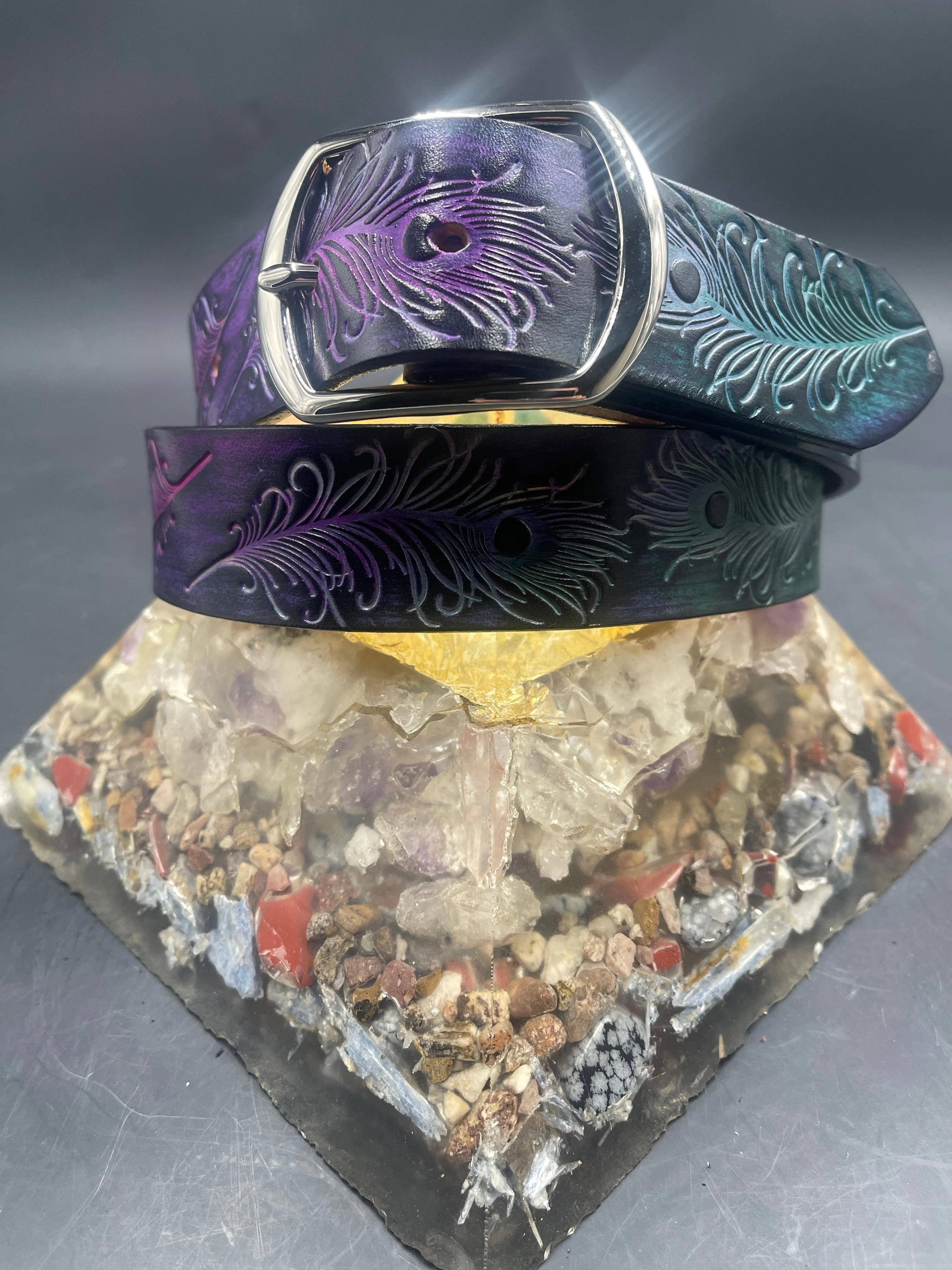 Stamped Leather Belt - Peacock Feathers