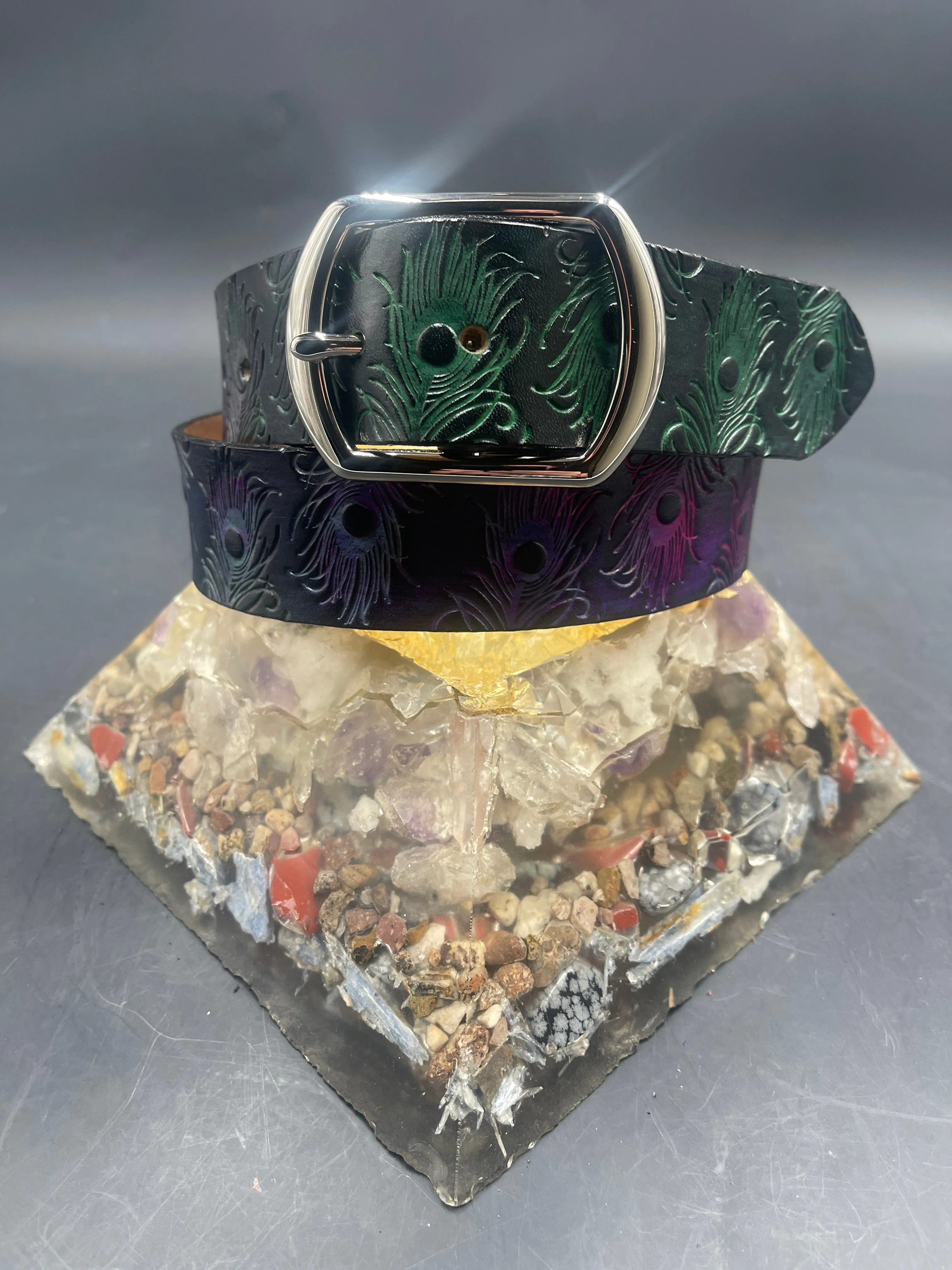 Stamped Leather Belt - Peacock Feathers
