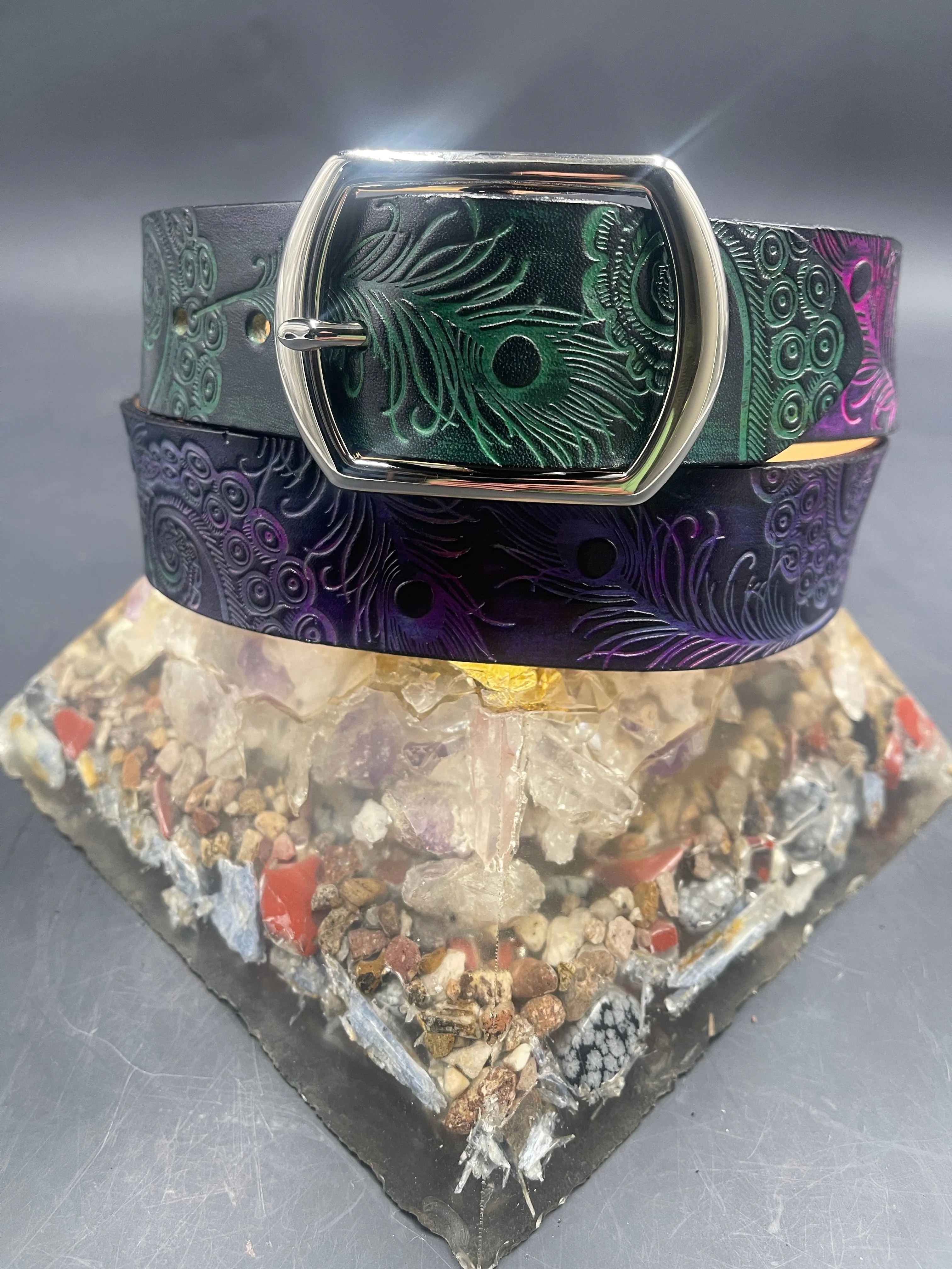Stamped Leather Belt - Peacock Feathers