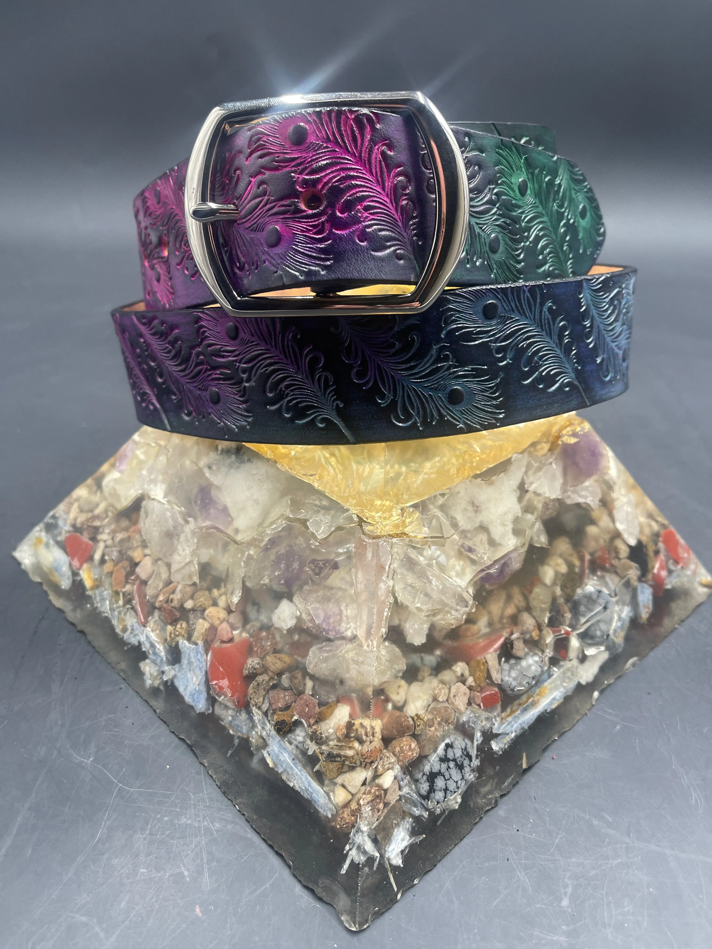 Stamped Leather Belt - Peacock Feathers