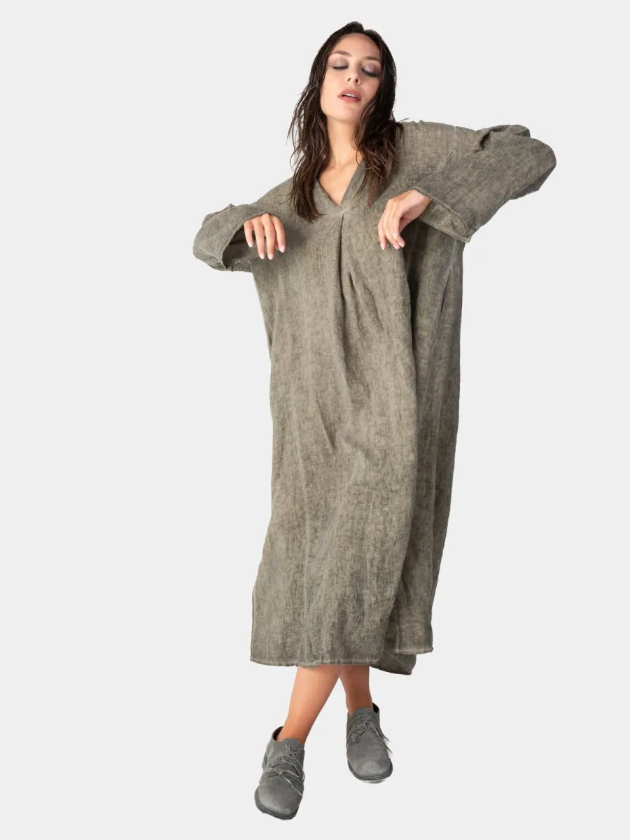 Stonewashed Linen V-Neck Kaftan Dress