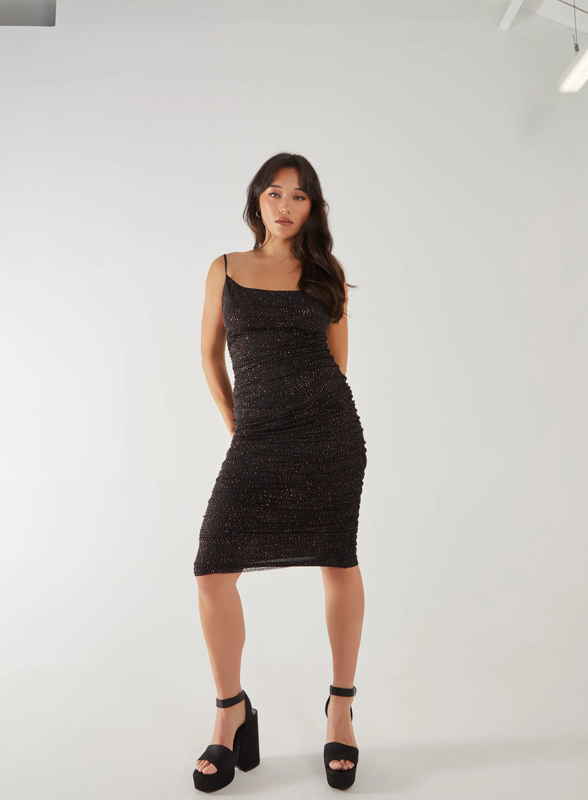 Strappy Cowl Neck Glitter Midi Dress