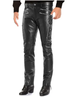 Studded Black Genuine Leather Pants for Men