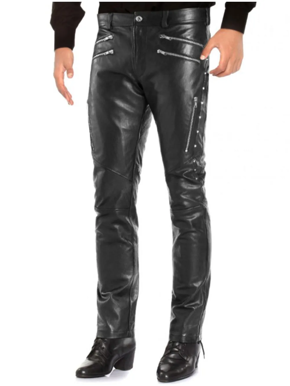 Studded Black Genuine Leather Pants for Men