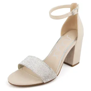 Sugar Women's Chic Ankle Strap Sandals Featuring a Block High Heel and Embellished Strap with Stones-Machelene -Nude Micro-Size 8