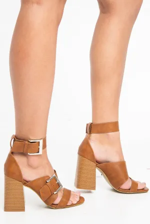 Tan Buckle Block Heels - Cadie