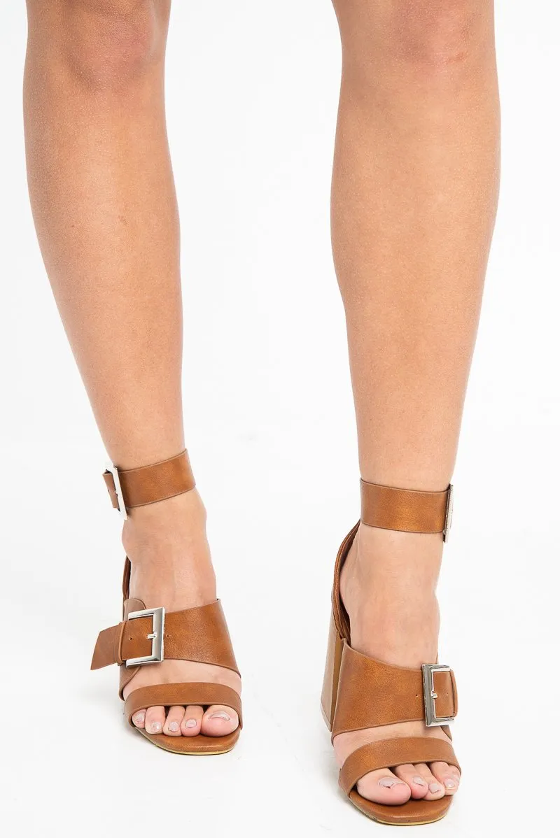 Tan Buckle Block Heels - Cadie