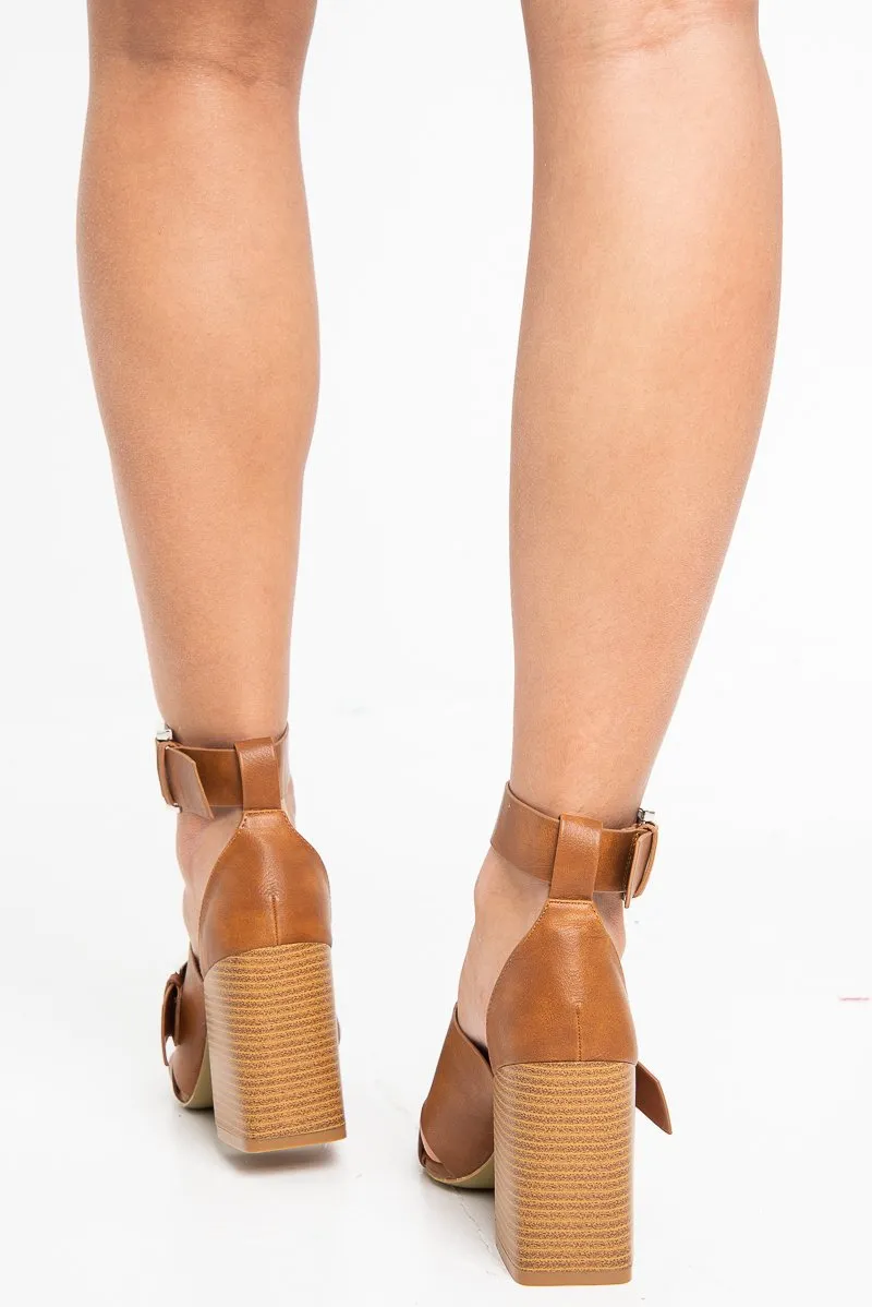 Tan Buckle Block Heels - Cadie