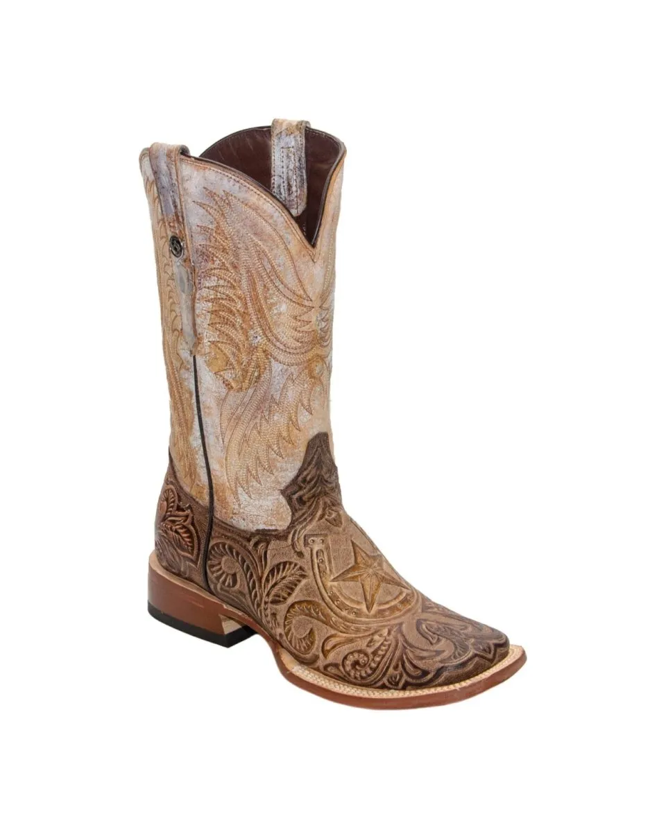 TANNER MARK MEN'S HandTooled Horseshoe Mocha Western Boots EE